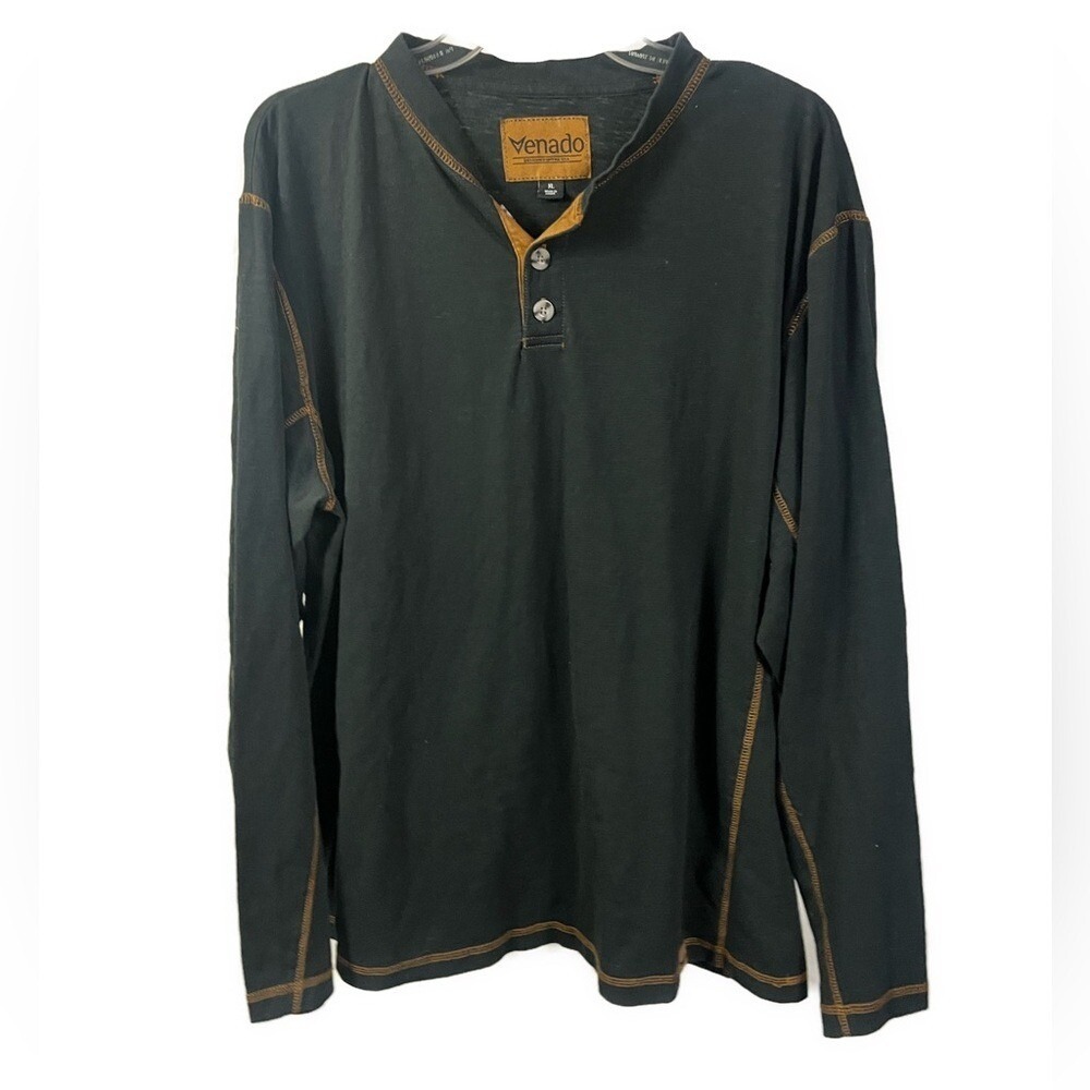 Venado Men's Contrast Stitch Black Long Sleeve Henley Shirt- Size XL
